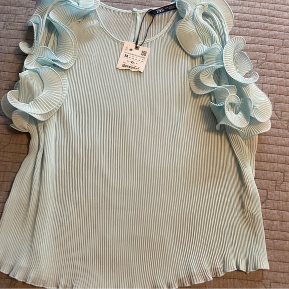 Blue Zara Boho Ruffle Sleeve Pleated Blouse Top - Picture 2 of 7